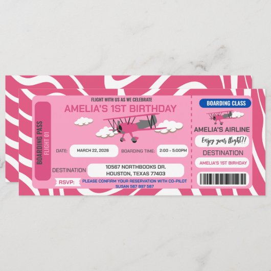 Billet avion rose Anniversaire Fête Invitation (Devant / Derrière)