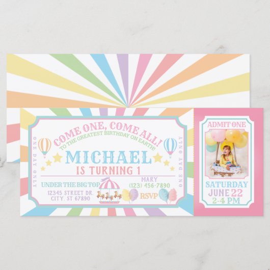 Billet Carnaval Cirque Invitation Anniversaire (Devant / Derrière)