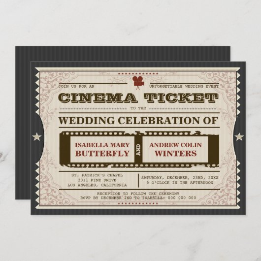 Billet cinéma - Faire-part de mariage en gris (Devant / Derrière)