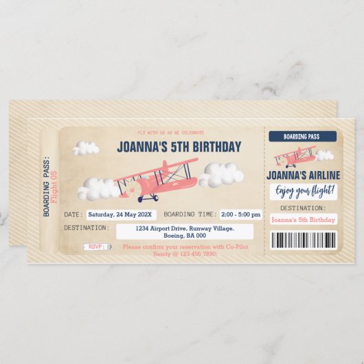 Billet d'avion Invitation d'anniversaire pour une  (Devant / Derrière)