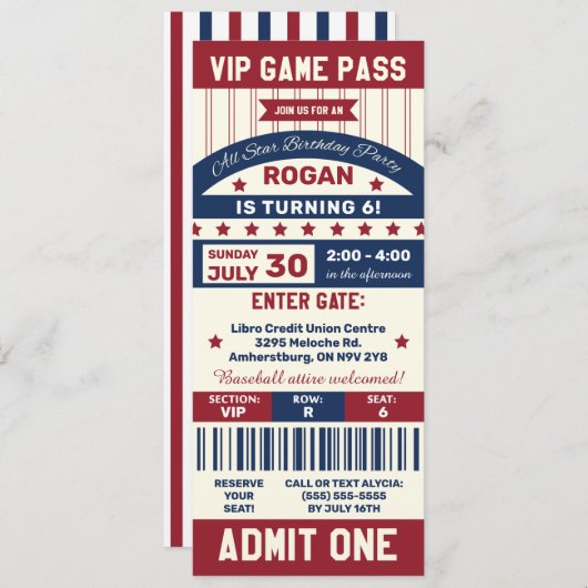 Billet de baseball Anniversaire Fête Invitation (Devant / Derrière)