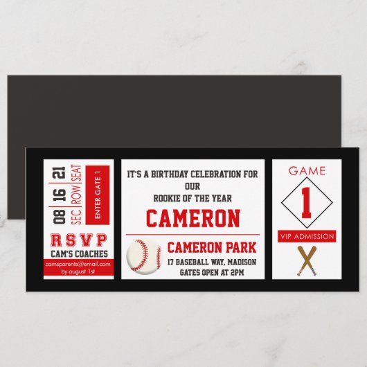 Billet de baseball Anniversaire Fête Invitation Ro (Devant / Derrière)