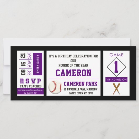 Billet de baseball Anniversaire Fête Invitation Vi (Devant)