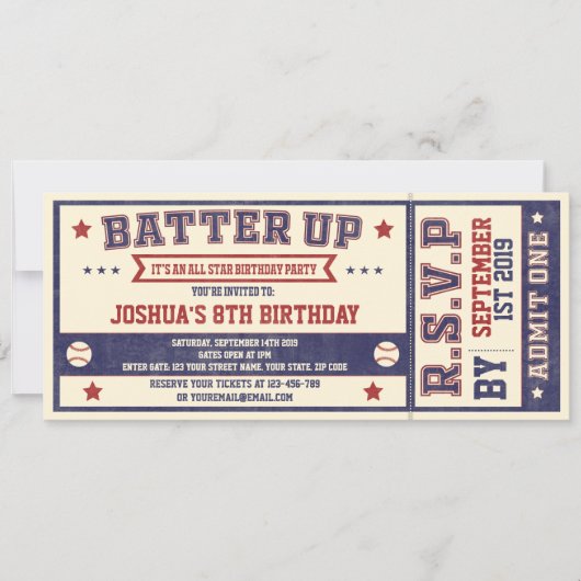 Billet de baseball vintage Invitation d'anniversai (Devant)