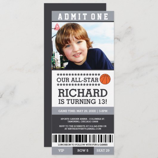 Billet de basket-ball Invitations d'anniversaire (Devant / Derrière)