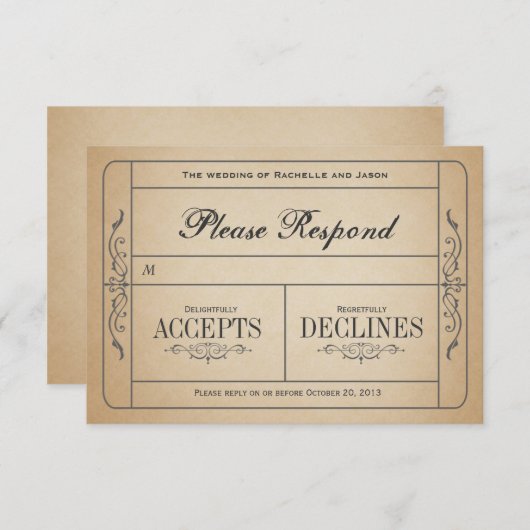 Billet de mariage vintage RSVP (Devant / Derrière)