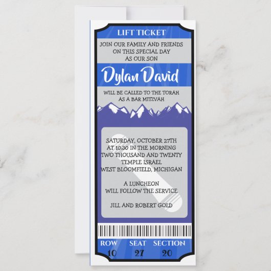 BILLET DE PLANCHE À NEIGE Invitation Bar Mitzvah (Devant)