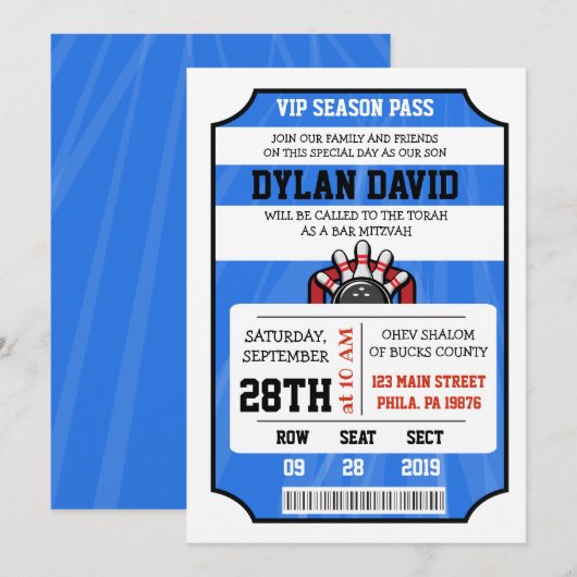Billet de QUILLES Invitation Bar Mitzvah (Devant / Derrière)