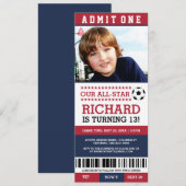 Billet de soccer rouge et bleu Invitations d'anniv (Devant / Derrière)