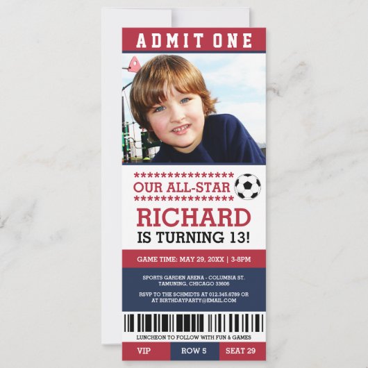 Billet de soccer rouge et bleu Invitations d'anniv (Devant)