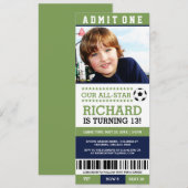 Billet de soccer vert et bleu Invitations d'annive (Devant / Derrière)