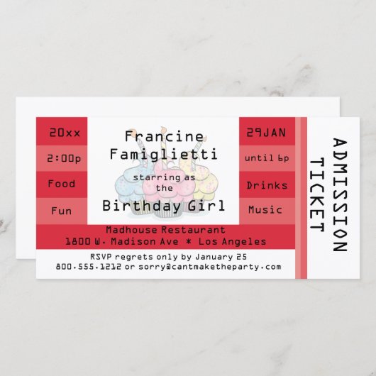 Billet d'entrée rouge chic Invitation d'anniversai (Devant / Derrière)