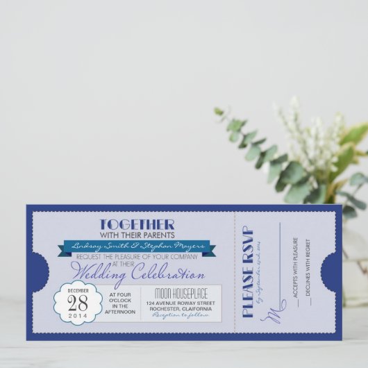 billet mariage bleu moderne invitation (Debout devant)