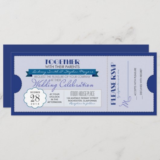billet mariage bleu moderne invitation (Devant / Derrière)