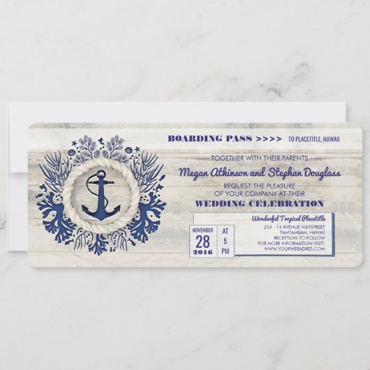 Billet Mariage de carte d'Ancre nautique de la Mar (Devant)