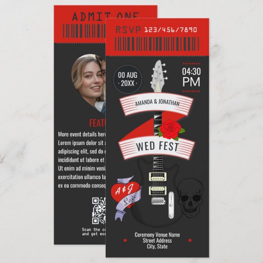 Billet Mariage Rock n'Roll personnalisé Invitation (Devant / Derrière)