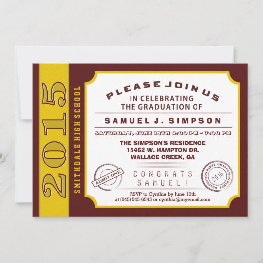 Billet Maroon Rouge & Or Graduation Invitation (Devant)