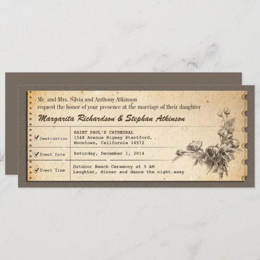 Billet vintage invitations uniques de mariage (Devant / Derrière)