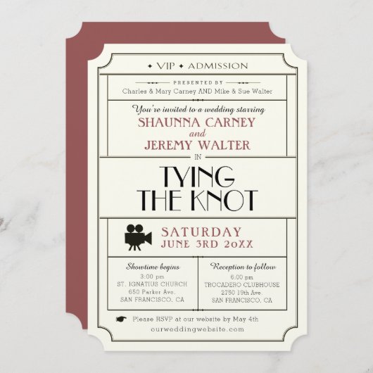 Billet Vintage mariage Invitation / Thème cinéma (Devant / Derrière)