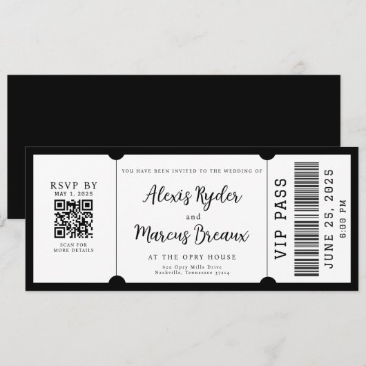 Billet VIP noir et blanc Faire-part de mariage (Devant / Derrière)