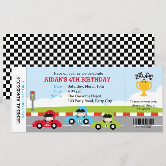 Billet Voiture de course Anniversaire Invitations  (Devant / Derrière)
