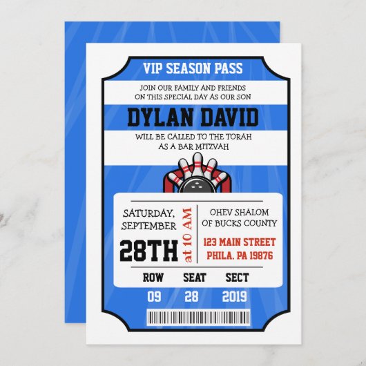 BILLETERIE BOWLING Invitation Bar Bat Mitzvah (Devant / Derrière)