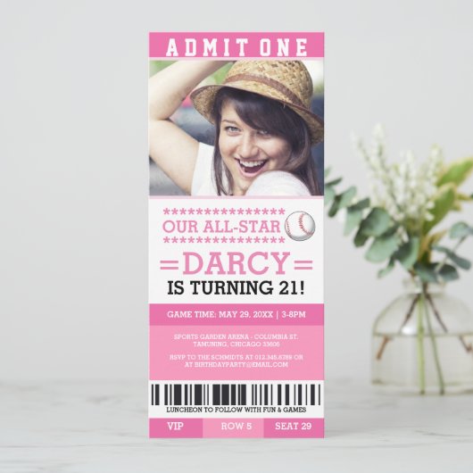 Billets de baseball rose Invitations d'anniversair (Debout devant)