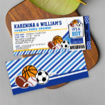 Billets de sport Couples Baby shower Invitation<br><div class="desc">Célébrez votre Baby shower Sport Couples avec notre ticket de baby shower sport all star Invitation. Le design comprend un ballon de football, de baseball, de basket-ball et de rugby/football sur un style de laissez-passer d'entrée d'un stade sportif. Ce design est parfait pour toutes les vedettes sport premier anniversaire, sport...</div>