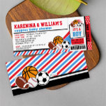 Billets de sport Couples Baby shower Invitation<br><div class="desc">Venez vous amuser ! Célébrez votre Baby shower avec l'Invitation moderne Red Blue Sport Party. Pour plus d'idées de fêtes visitez notre site owliepowlie.com</div>