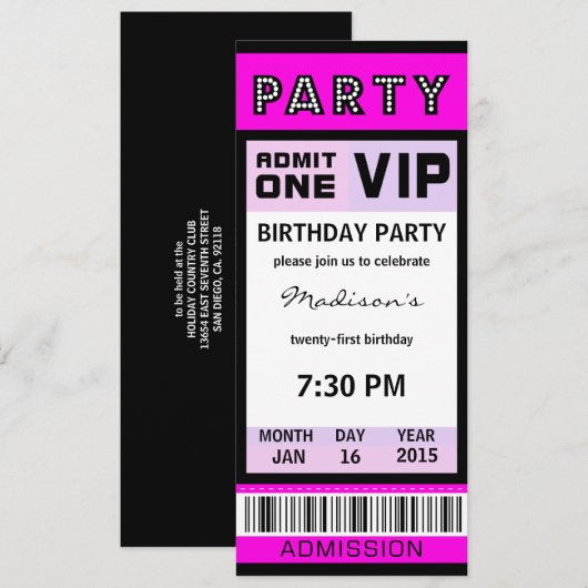 Billets Invitations de fête du 21e anniversaire (Devant / Derrière)