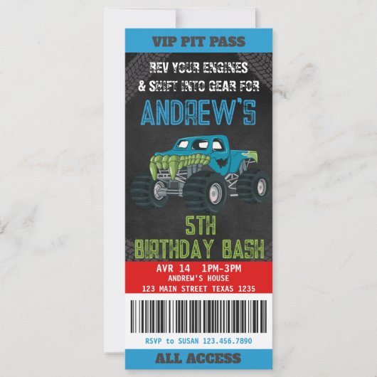 Billets Monster Truck Anniversaire Fête Invitation (Devant)