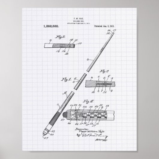 Billiard Cue 1918 Patent Art - Lined Peper Poster (Voorkant)