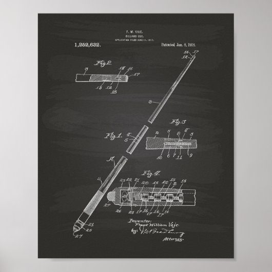 Billiard Cue 1918 Patent Art - Tableau de bord (Devant)