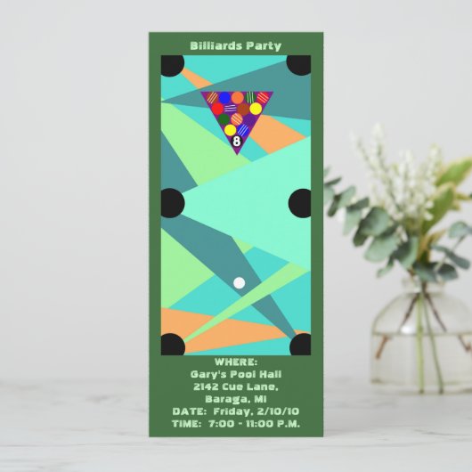 BILLIARDS ~ POOLPARTIJINVITATIE ~EZ OM AAN TE PASS KAART (Staand voorkant)