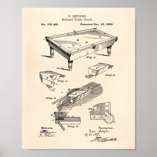 Billiardtabel 1880 oude patentart Peper Poster (Voorkant)