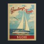 Biloxi Carte postale Voilier Vintage Mississippi<br><div class="desc">Ce salutations de Biloxi Mississippi vintage voyage conception nautique comprend un bateau naviguant sur l'eau avec des mouettes et un ciel bleu rempli de somptueux nuages blancs bouffants.</div>