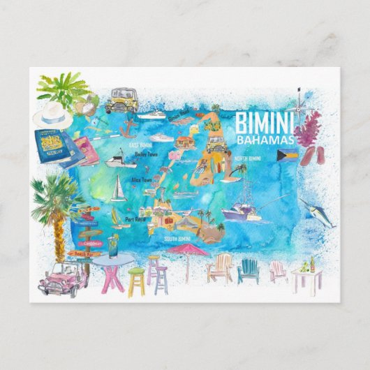 Bimini Bahamas Illustrated Map Briefkaart (Voorkant)
