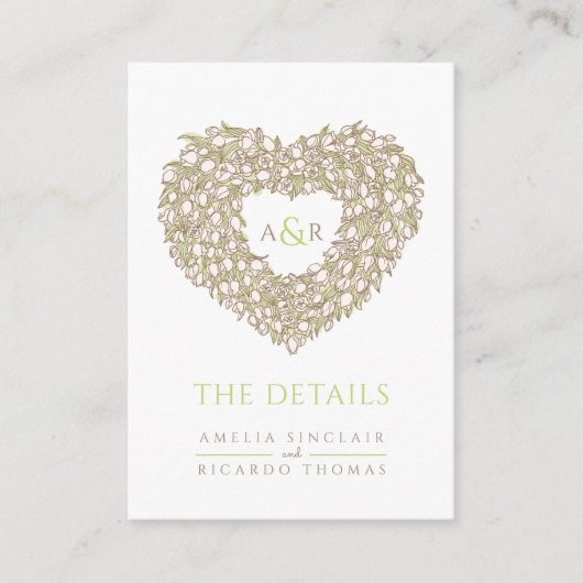 Binddetails tulp bouquet monogram groen bruin informatiekaartje (Voorkant)