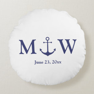 Bindende nautische marineblauw-witte monogram voor rond kussen