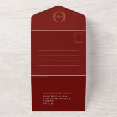 Bindende rode witte gouden ovaalbladeren monogram  all in one uitnodiging (Buitenkant)