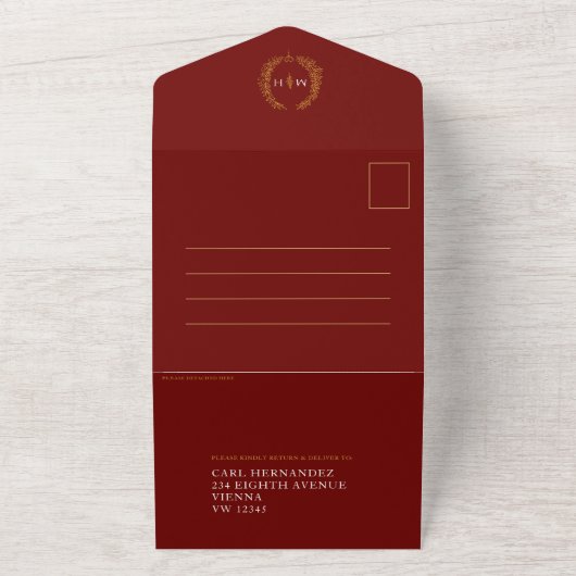 Bindende rode witte gouden ovaalbladeren monogram  all in one uitnodiging (Buitenkant)