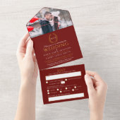 Bindende rode witte gouden ovaalbladeren monogram  all in one uitnodiging (Afscheurbaar)