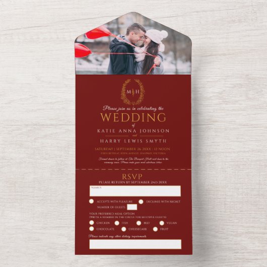 Bindende rode witte gouden ovaalbladeren monogram  all in one uitnodiging (Binnen)