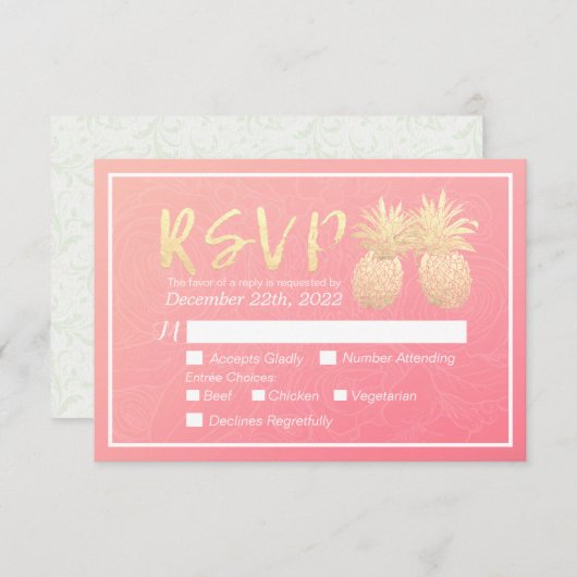 Bindende RSVP Antwoord Goud anananas Pinkroze (Voorkant / Achterkant)