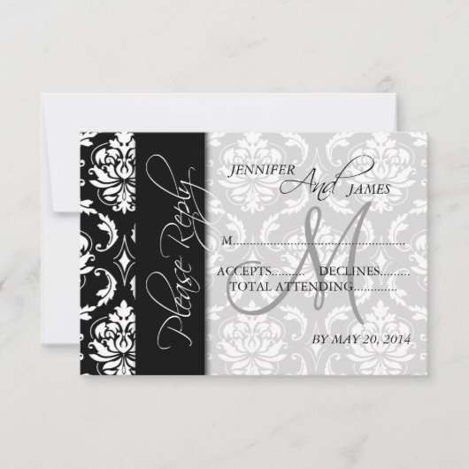 Bindende RSVP-kaarten Zwarte Damask Monogram RSVP Kaartje (Voorkant)