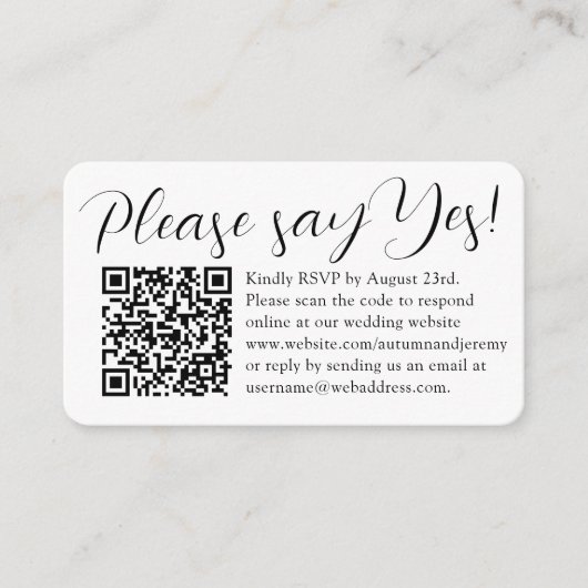 Bindende RSVP QR-code & fotoscript Zeg ja Informatiekaartje (Voorkant)
