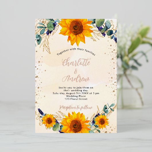 Bindende zonnebloemen Eucalyptus Gold rustic Folie Uitnodiging (Staand Voorkant)