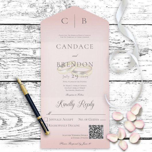 Bindringers Moderne Blush roze QR-code All In One Uitnodiging
