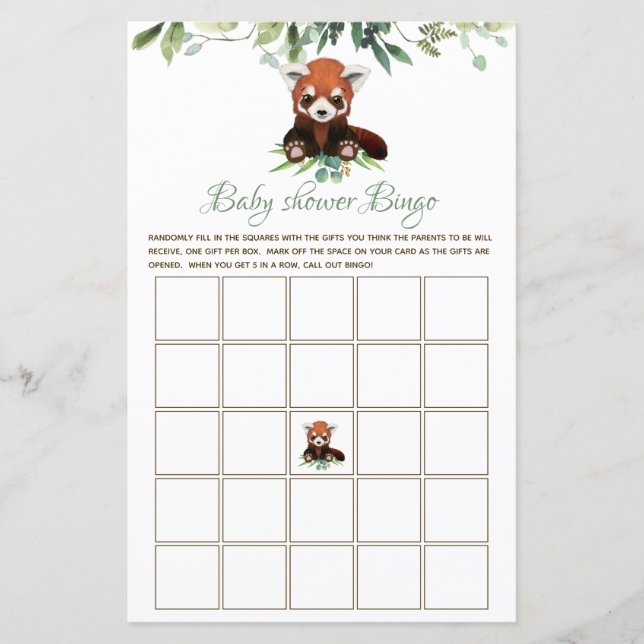 Bingo Baby shower Game Gender Neutral Red Panda (Voorkant)