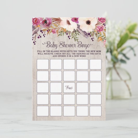 Bingo Baby shower Spel Rustieke Boho Bloemen Bloem Kaart (Staand voorkant)